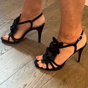 High Heels Black Leather, Fabric, and Baubles Floral Pattern Ramon Tenza Size 6